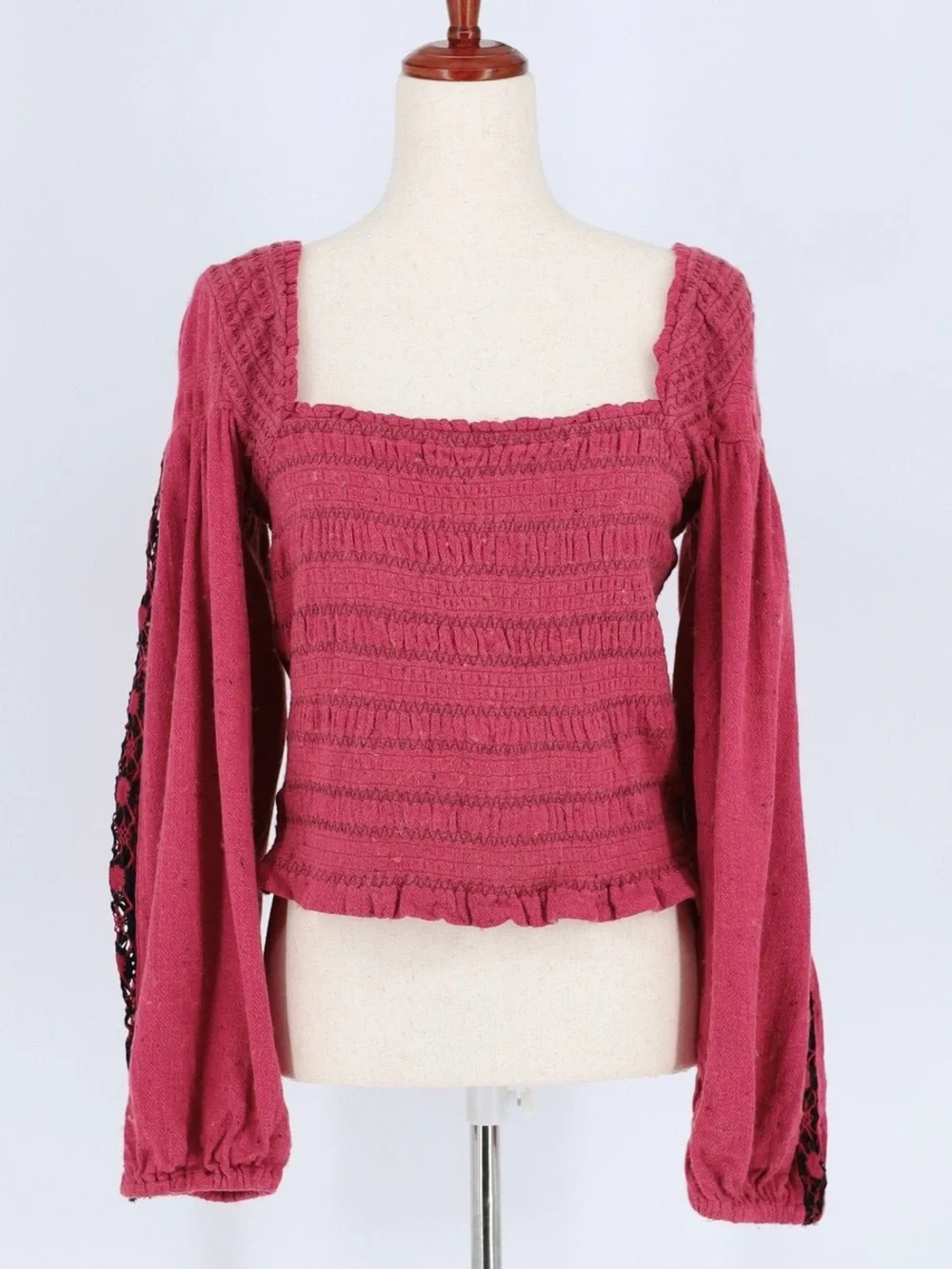 NWT Free People Rose Embroidered Maggie Peasant Sleeve Bohemian Top